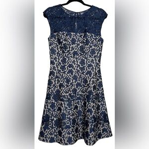 Kay Unger New York Navy Blue Floral Lace Overlay Fit & Flare Dress - Sz 8
